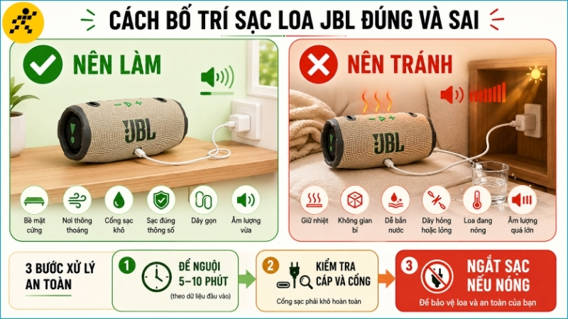 Đặt loa trên bề mặt cứng, giữ cổng sạc khô và ngắt nguồn khi thân máy nóng bất thường Đặt loa trên bề mặt cứng, giữ cổng sạc khô và ngắt nguồn khi thân máy nóng bất thường