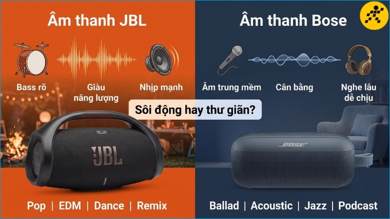 JBL thiên về nhịp mạnh và bass rõ, còn Bose phù hợp trải nghiệm nghe cân bằng, thư giãn JBL thiên về nhịp mạnh và bass rõ, còn Bose phù hợp trải nghiệm nghe cân bằng, thư giãn