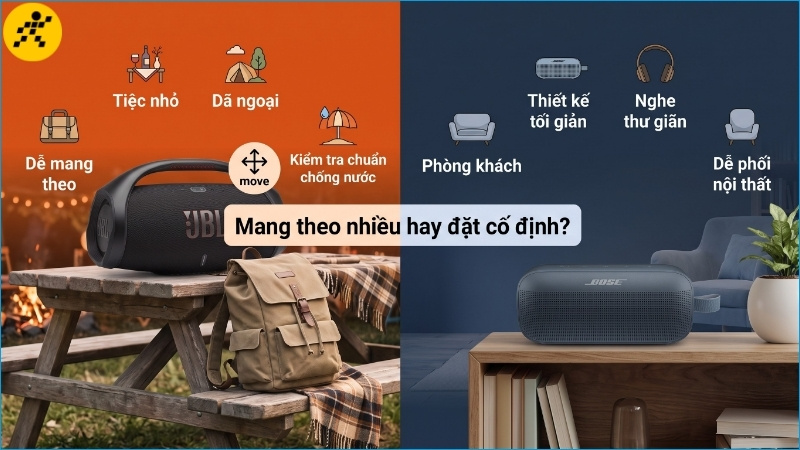 JBL thường thuận tiện cho hoạt động di chuyển, còn Bose dễ hòa hợp với không gian nghe nhạc trong nhà JBL thường thuận tiện cho hoạt động di chuyển, còn Bose dễ hòa hợp với không gian nghe nhạc trong nhà