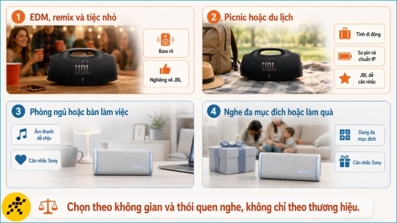 JBL phù hợp hơn với không khí sôi động, còn Sony dễ cân nhắc cho nhu cầu nghe trong phòng và dùng đa mục đích JBL phù hợp hơn với không khí sôi động, còn Sony dễ cân nhắc cho nhu cầu nghe trong phòng và dùng đa mục đích