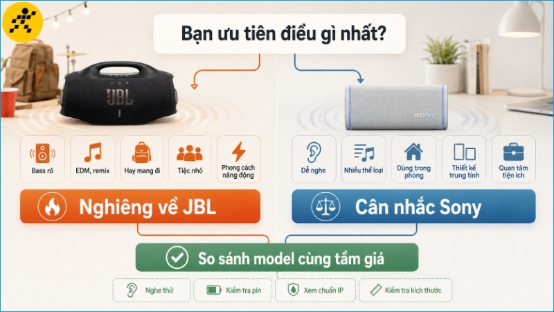 Chọn JBL khi ưu tiên bass và tính cơ động; cân nhắc Sony khi cần sự dễ nghe và đa dụng Chọn JBL khi ưu tiên bass và tính cơ động; cân nhắc Sony khi cần sự dễ nghe và đa dụng