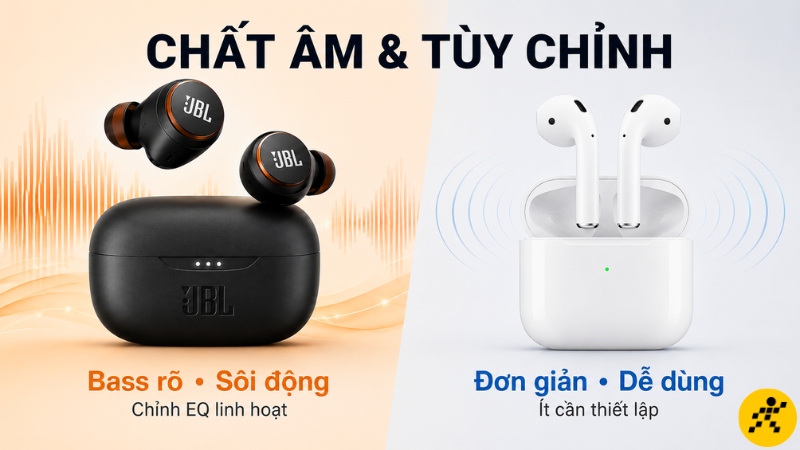 JBL nổi bật với bass mạnh, tùy chỉnh EQ; AirPods ưu tiên sự đơn giản và dễ dùng JBL nổi bật với bass mạnh, tùy chỉnh EQ; AirPods ưu tiên sự đơn giản và dễ dùng