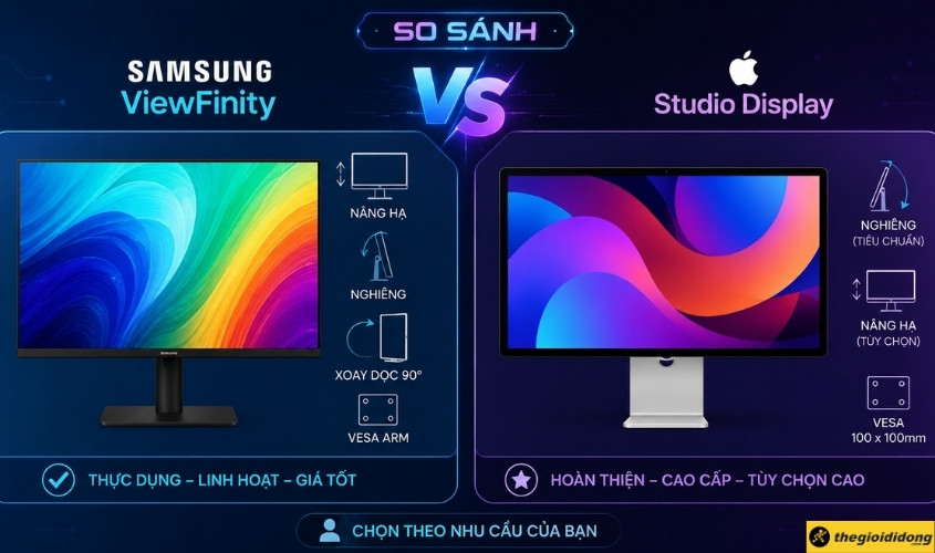 So sánh chân đế của Samsung Viewfinity và Apple Studio Display So sánh chân đế của Samsung Viewfinity và Apple Studio Display