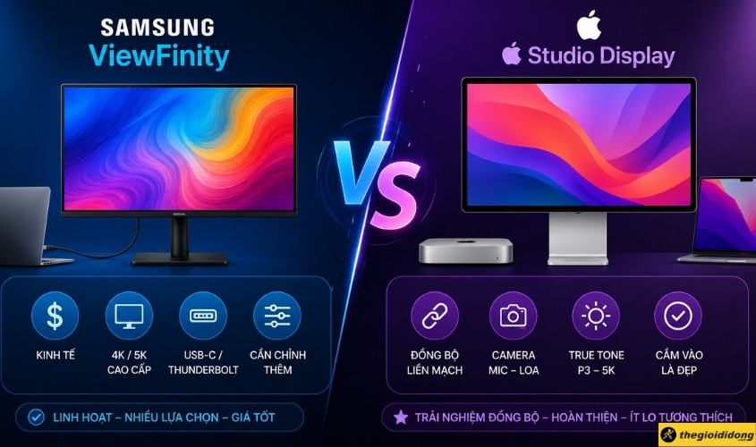 So sánh khả năng tương thích hệ điều hành giữa Samsung Viewfinity và Apple Studio Display So sánh khả năng tương thích hệ điều hành giữa Samsung Viewfinity và Apple Studio Display