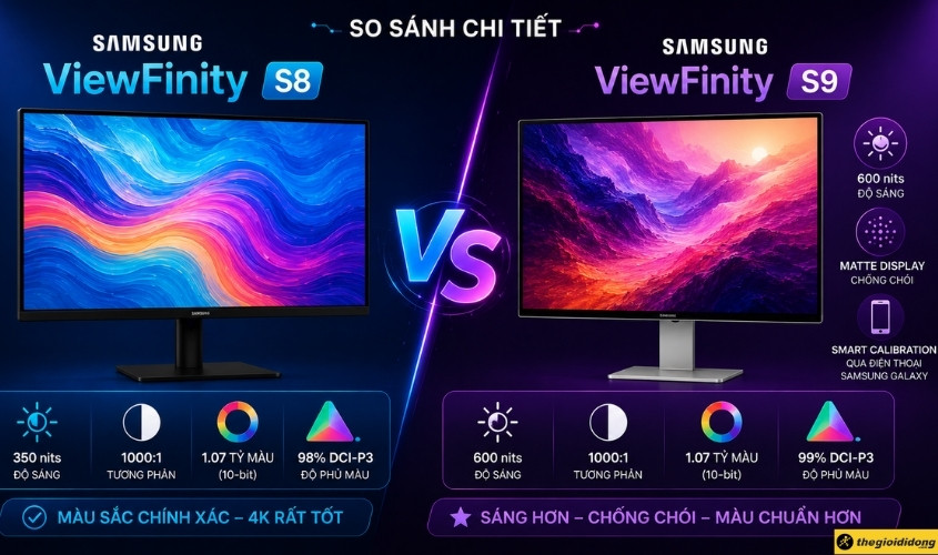 So sánh màu sắc và độ sáng Samsung ViewFinity S8 và Samsung ViewFinity S9 So sánh màu sắc và độ sáng Samsung ViewFinity S8 và Samsung ViewFinity S9