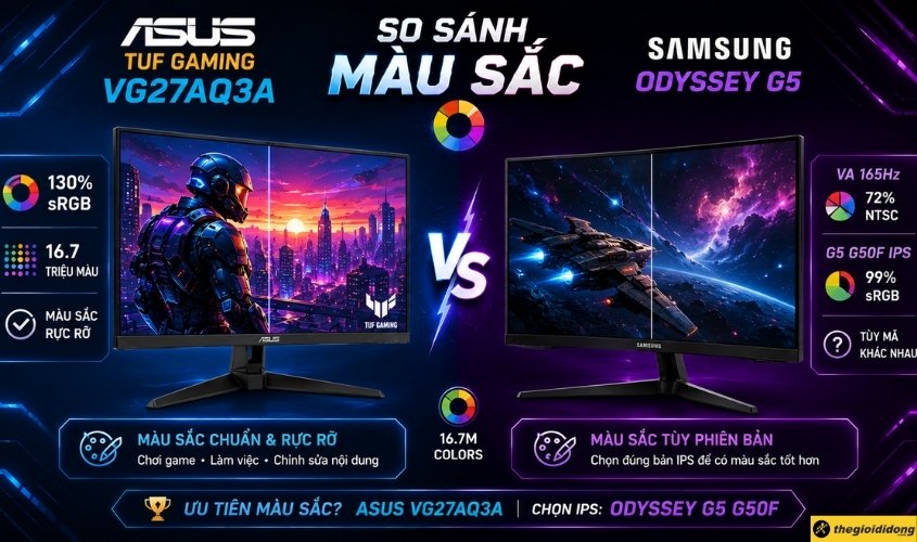 So sánh màu sắc trên Asus TUF Gaming VG27AQ3A và Samsung Odyssey G5 So sánh màu sắc trên Asus TUF Gaming VG27AQ3A và Samsung Odyssey G5