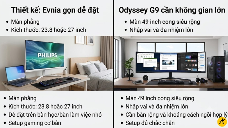Thiết kế: Evnia gọn dễ đặt, Odyssey G9 cần không gian lớn Thiết kế: Evnia gọn dễ đặt, Odyssey G9 cần không gian lớn