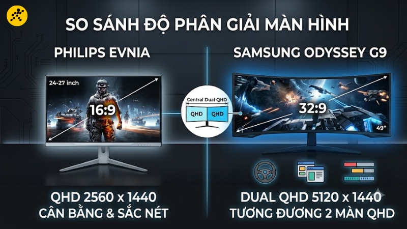 Độ phân giải: Evnia 2K vừa đủ, G9 rộng như hai màn QHD Độ phân giải: Evnia 2K vừa đủ, G9 rộng như hai màn QHD