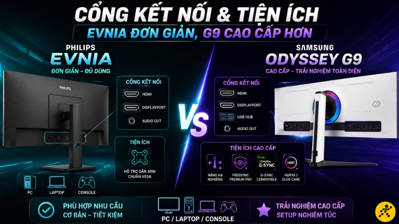 Cổng kết nối và tiện ích: Evnia đơn giản, G9 cao cấp hơn Cổng kết nối và tiện ích: Evnia đơn giản, G9 cao cấp hơn