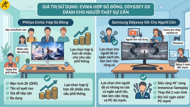 Giá trị sử dụng: Evnia hợp số đông, Odyssey G9 dành cho người thật sự cần Giá trị sử dụng: Evnia hợp số đông, Odyssey G9 dành cho người thật sự cần