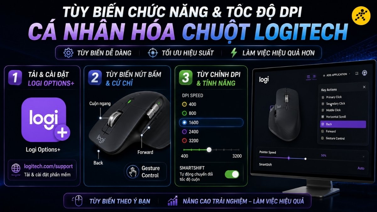 T&ugrave;y biến chức năng c&aacute;c n&uacute;t bấm phụ v&agrave; tốc độ DPI