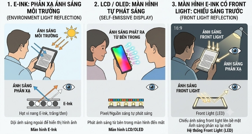So sánh công nghệ E-Ink với màn hình LCD/OLED So sánh công nghệ E-Ink với màn hình LCD/OLED