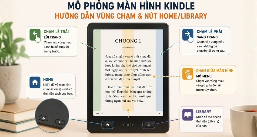 Hướng dẫn chuyển trang, mở menu, vào Home và Library Hướng dẫn chuyển trang, mở menu, vào Home và Library