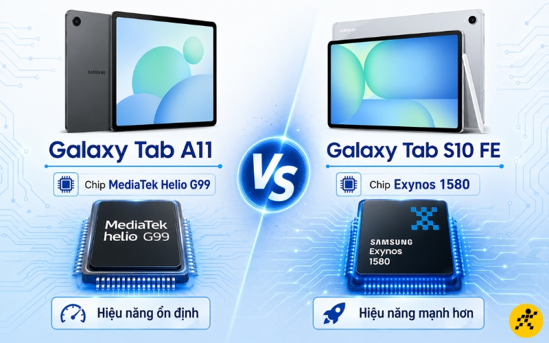 Tab A11 d&ugrave;ng chip MediaTek Helio G99, Tab S10 FE d&ugrave;ng chip Exynos 1580