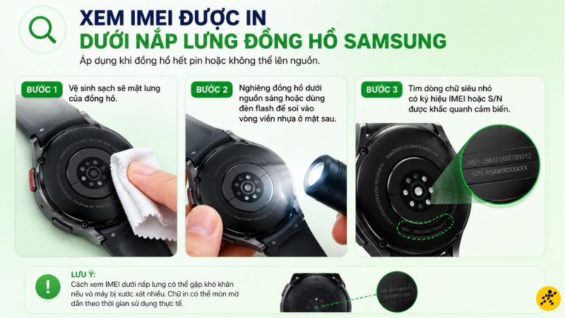 Xem IMEI được in dưới nắp lưng đồng hồ Xem IMEI được in dưới nắp lưng đồng hồ
