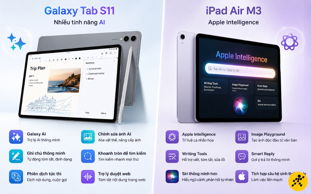 Tab S11 có nhiều tính năng AI iPad Air M3 có Apple Intelligence Tab S11 có nhiều tính năng AI iPad Air M3 có Apple Intelligence