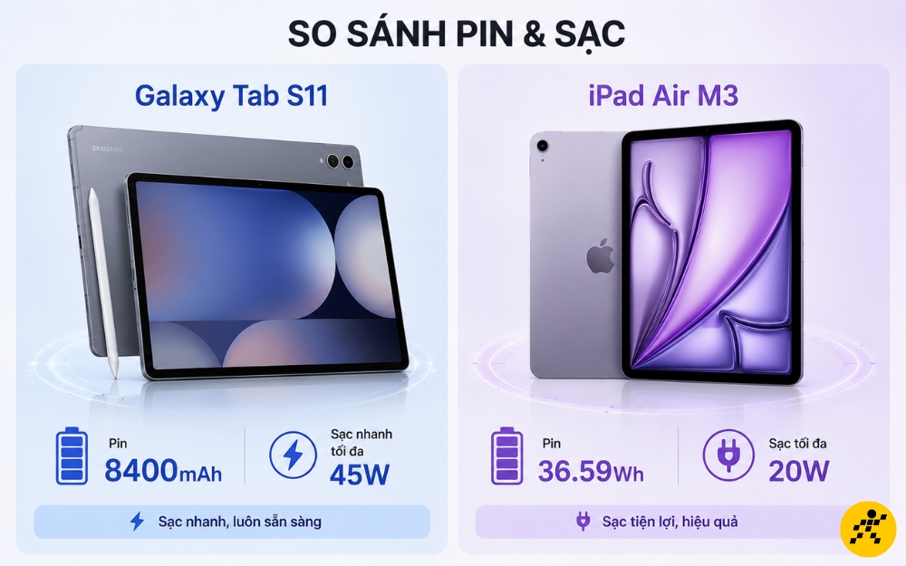 Galaxy Tab S11 có pin 8400mAh, iPad Air M3 có pin 36.59Wh Galaxy Tab S11 có pin 8400mAh, iPad Air M3 có pin 36.59Wh