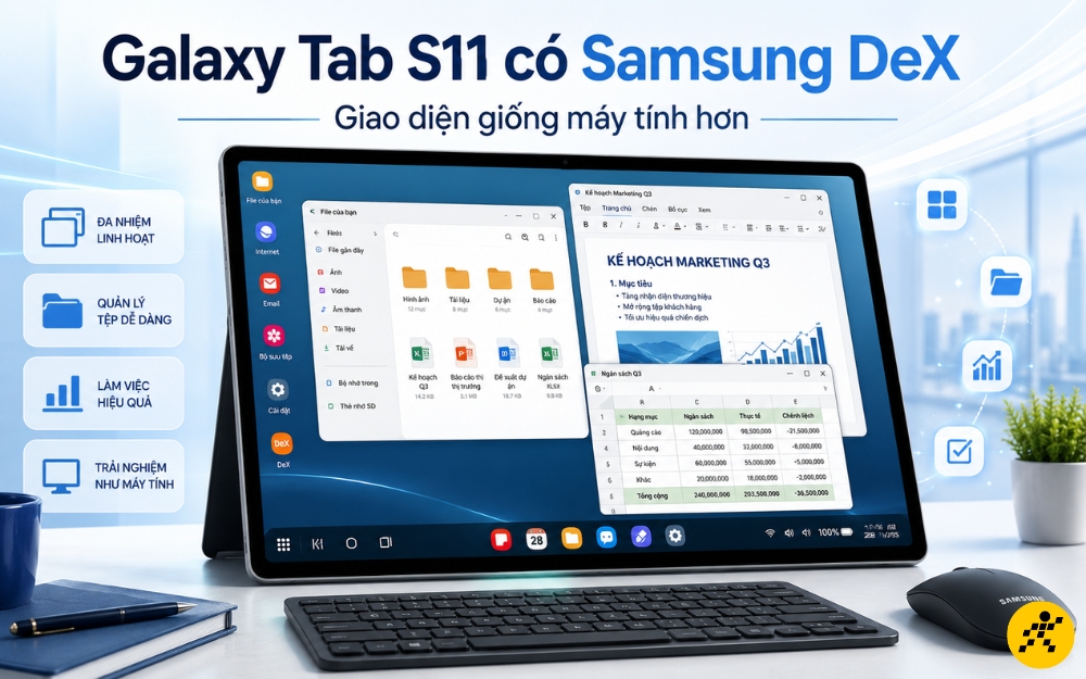 Tab S11 có Samsung DeX, giúp giao diện trở nên giống máy tính Tab S11 Ultra có thể sử dụng như một chiếc laptop trong nhiều tình huống