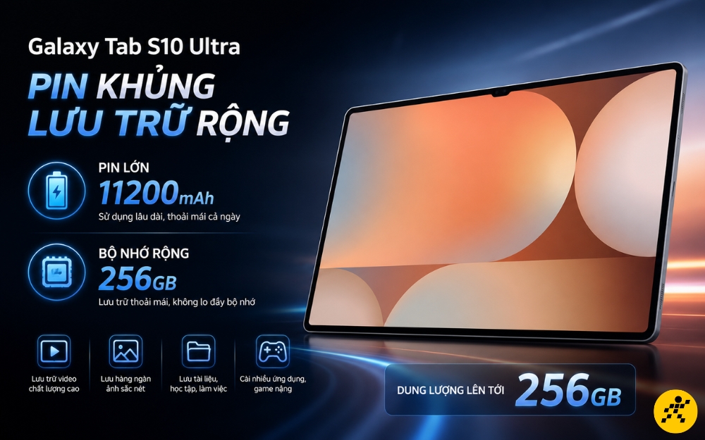 Galaxy Tab S10 Ultra có pin 11200mAh, không gian lưu trữ rộng tới 256GB Galaxy Tab S10 Ultra có pin 11200mAh, không gian lưu trữ rộng tới 256GB