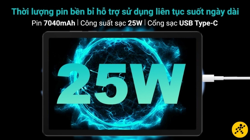 Galaxy Tab A11+ c&oacute; pin 7040mAh v&agrave; cũng hỗ trợ sạc nhanh 25W