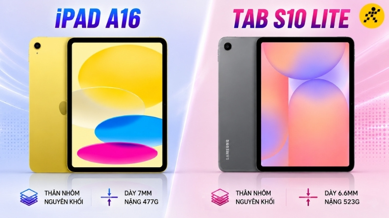 Thiết kế: iPad A16 nhẹ hơn, Tab S10 Lite mỏng hơn Thiết kế: iPad A16 nhẹ hơn, Tab S10 Lite mỏng hơn