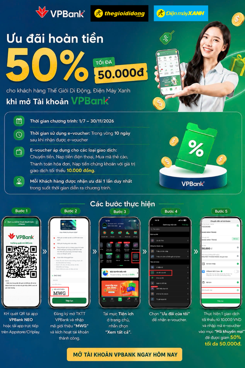 Hoàn Ngay 50K Khi Thanh Toán Bằng Tài Khoản Vpbank Neo Mở Mới Tại Tgdđ | Đmx Hoàn Ngay 50K Khi Thanh Toán Bằng Tài Khoản Vpbank Neo Mở Mới Tại Tgdđ | Đmx