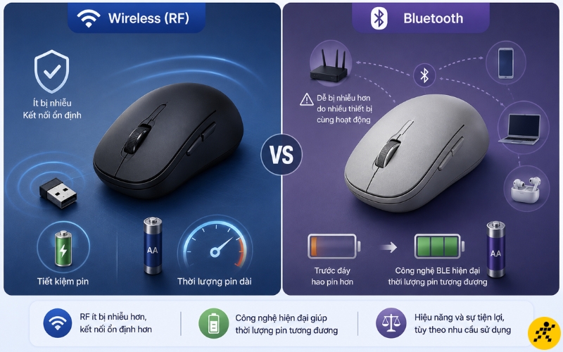 Chuột Wireless thường ổn định và tiết kiệm pin hơn chuột Bluetooth Chuột Wireless thường ổn định và tiết kiệm pin hơn chuột Bluetooth