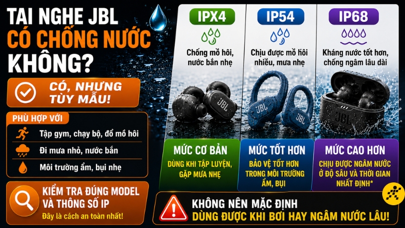 T&ugrave;y mẫu m&agrave; tai nghe JBL sẽ c&oacute; mức độ kh&aacute;ng nước kh&aacute;c nhau