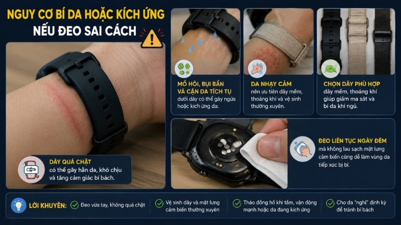 Việc đeo đồng hồ liên tục có thế gây ra nguy cơ bí da hoặc kích ứng Việc đeo đồng hồ liên tục có thế gây ra nguy cơ bí da hoặc kích ứng