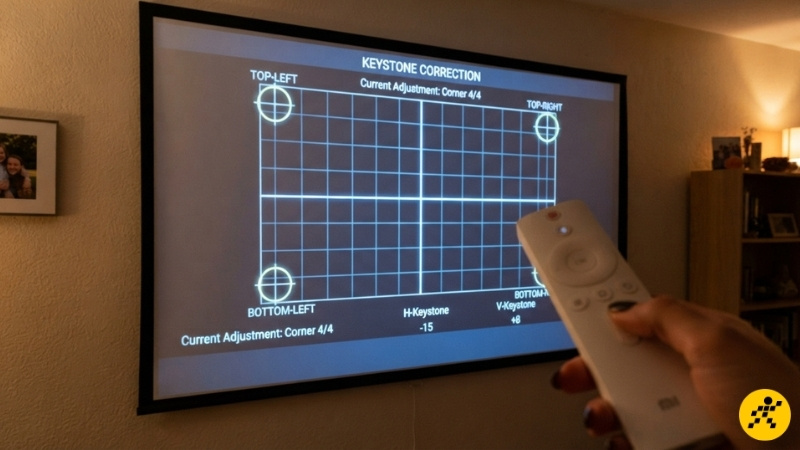 Chọn mục Keystone Correction và điều chỉnh 4 góc của khung hình Chọn mục Keystone Correction và điều chỉnh 4 góc của khung hình