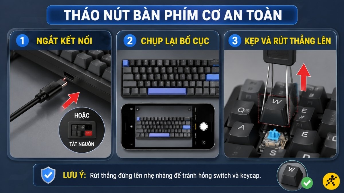 Ngắt nguồn kết nối và tháo nút bàn phím cơ Ngắt nguồn kết nối và tháo nút bàn phím cơ
