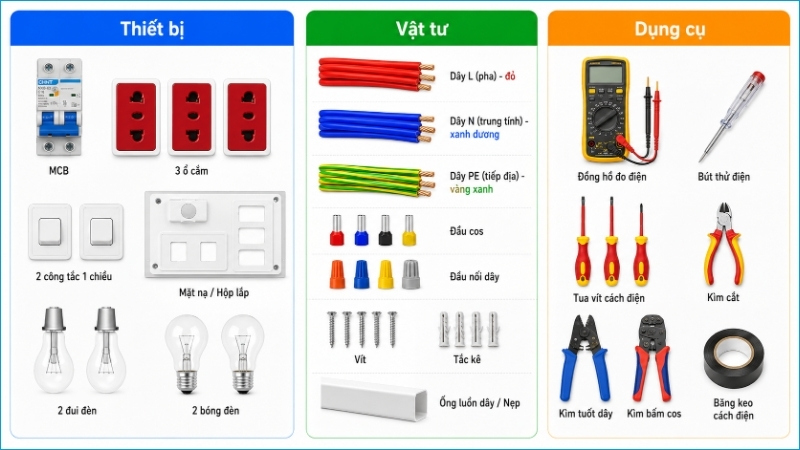 Chuẩn bị đủ thiết bị, vật tư và dụng cụ kiểm tra trước khi ngắt nguồn thi công