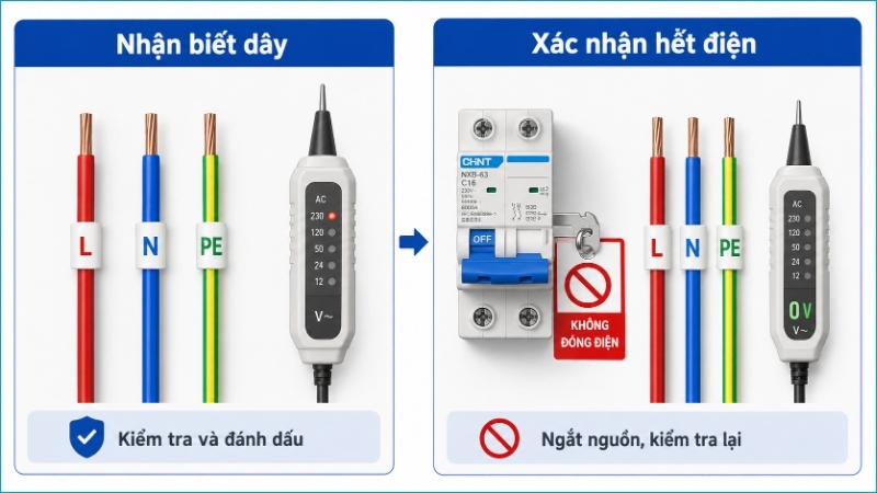 Đánh dấu đúng từng đường dây và kiểm tra lại sau khi ngắt MCB