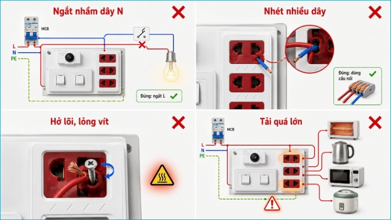Đấu sai dây, mối nối lỏng và sử dụng quá tải đều có thể làm bảng điện mất an toàn