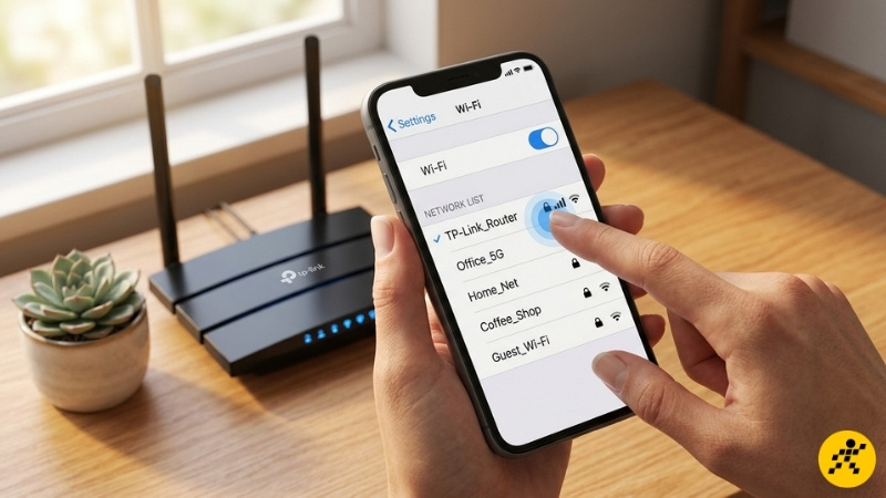 Vào phần cài đặt WiFi trên smartphone, tìm và kết nối Vào phần cài đặt WiFi trên smartphone, tìm và kết nối