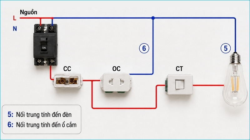 Dây trung tính nối trực tiếp đến chân N của ổ cắm và cực còn lại của bóng đèn