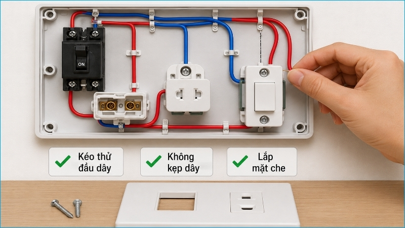 Kiểm tra độ chắc của đầu nối, sắp xếp dây gọn và lắp mặt che trước khi cấp điện