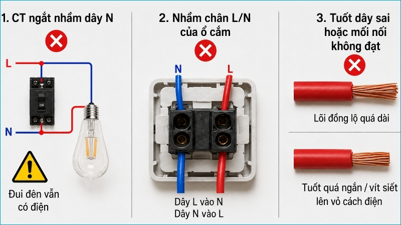 Ngắt nhầm dây, đấu sai chân và xử lý đầu dây không đúng đều làm mạch kém an toàn