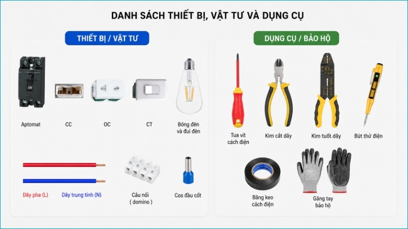 Chuẩn bị đúng thiết bị, dụng cụ cách điện và vật tư trước khi đấu nối
