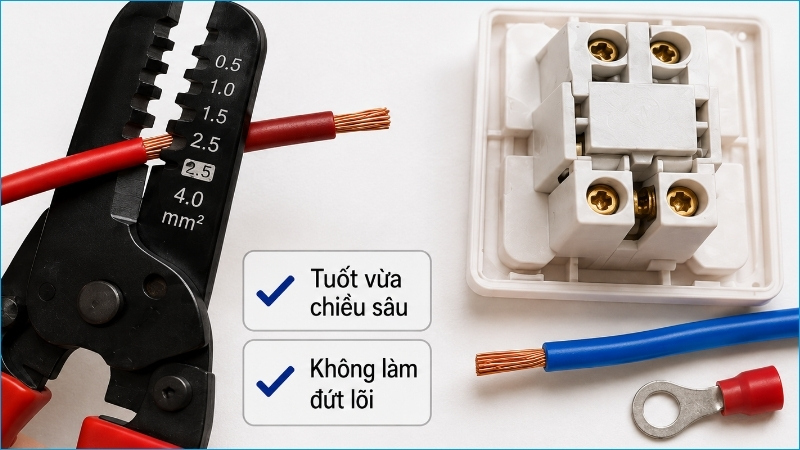 Tuốt vỏ đúng chiều dài giúp đầu dây vào chắc chân đấu và hạn chế lộ lõi đồng