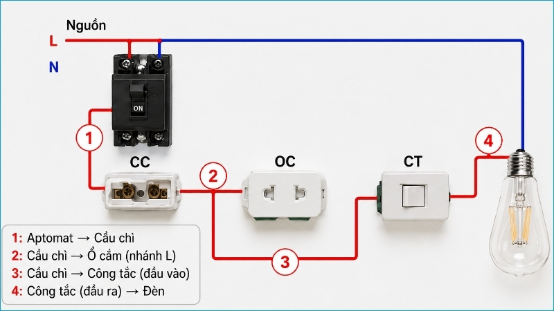Dây pha đi qua thiết bị bảo vệ rồi chia đến ổ cắm và công tắc điều khiển đèn