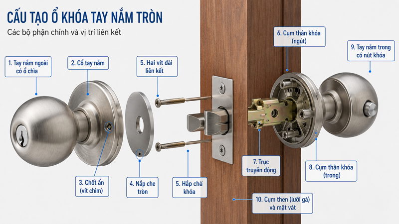 Các bộ phận cần nhận biết trước khi tháo khóa tay nắm tròn