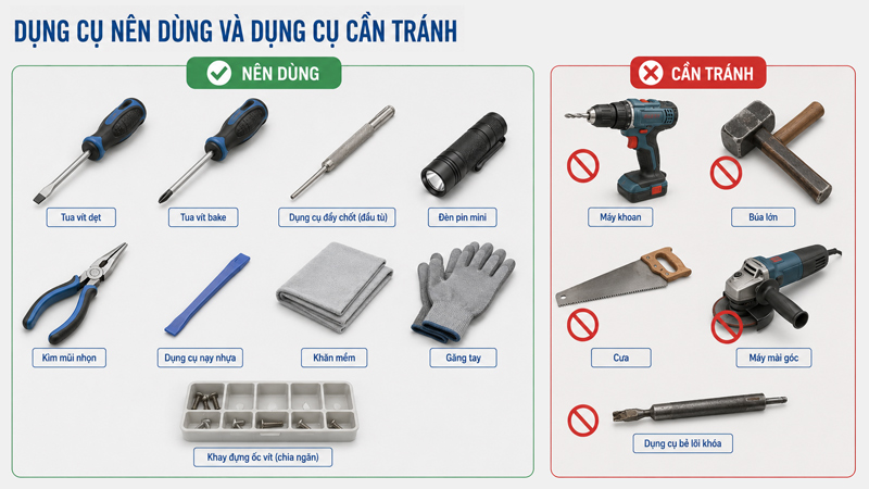 Dụng cụ đúng kích thước giúp bảo vệ bề mặt cửa và các chi tiết khóa