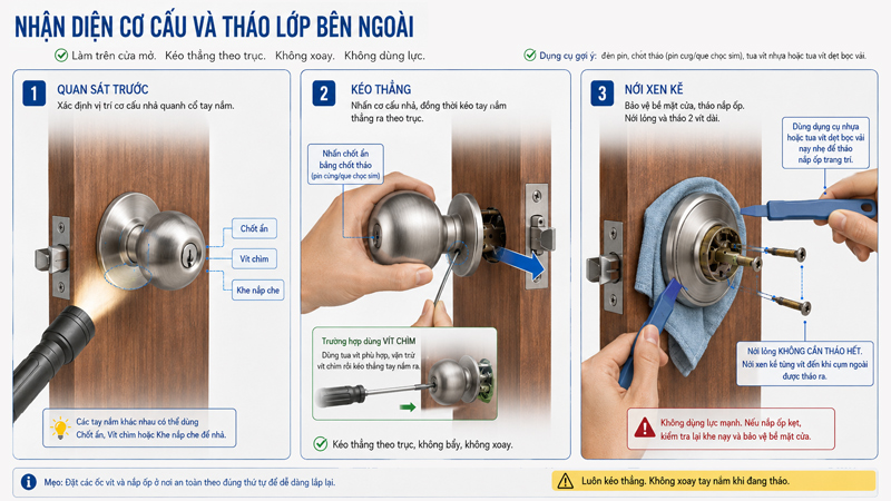 Xác định đúng chốt hoặc vít trước khi tháo tay nắm và nắp che