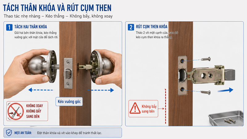 Kéo thân khóa và cụm then theo đúng hướng để tránh làm hỏng mép cửa