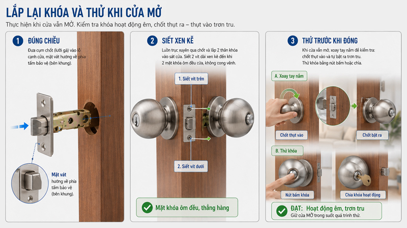 Hãy thử toàn bộ cơ cấu khóa khi cửa còn mở trước lần đóng đầu tiên