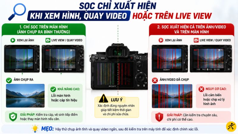 Sọc chỉ xuất hiện khi xem hình, quay video hoặc trên Live View Sọc chỉ xuất hiện khi xem hình, quay video hoặc trên Live View