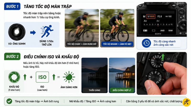 Kiểm tra v&agrave; điều chỉnh c&agrave;i đặt chụp (Tốc độ m&agrave;n trập, ISO, khẩu độ)