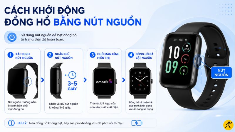 Cách khởi động đồng hồ bằng nút nguồn Cách khởi động đồng hồ bằng nút nguồn