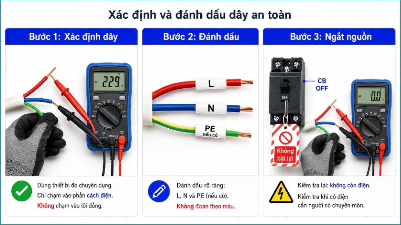 Xác định và đánh dấu từng dây trước khi ngắt nguồn, sau đó kiểm tra lại tình trạng mất điện
